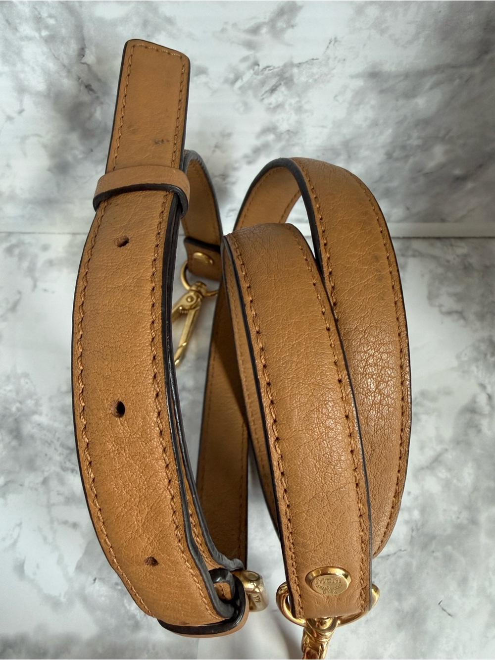 MCM Tan Leather Shoulder Strap with Gold Hardware